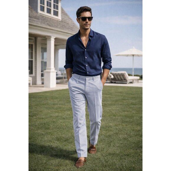 Haspel Other - Haspel Astor Mens 100% Cotton Seersucker White & Blue Dress Pants Sz 32x30